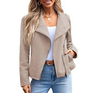 Women Faux Leather Cropped Open Front Coat Cardigan Style Jacket Tan